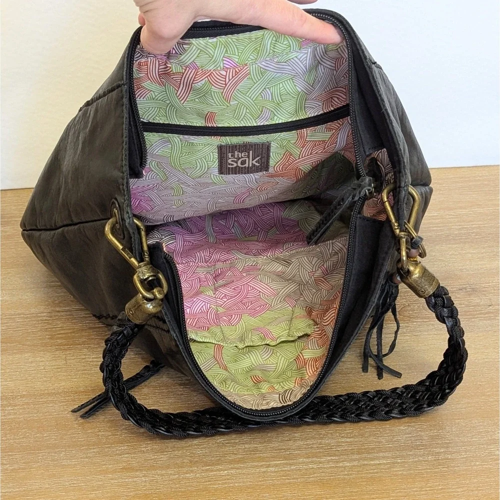 The SAK Indio Black Soft Leather Hobo Braided Shoulder Strap Bag Purse Zip